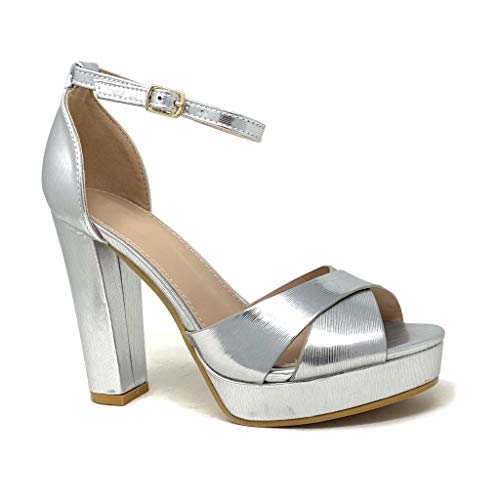 Angkorly - Zapatillas Moda Tacón escarpín Sandalias La Noche Glamour Plataforma Mujer Correas Cruzadas Tacón Ancho Alto 11 CM - Plata 2 B-93 T 38