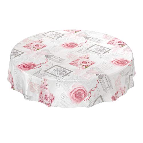 Anro - Mantel de Hule, Lavable, diseño de Rosas, Color Gris Envejecido, Redondo, 100 cm, con Bordes Cortados