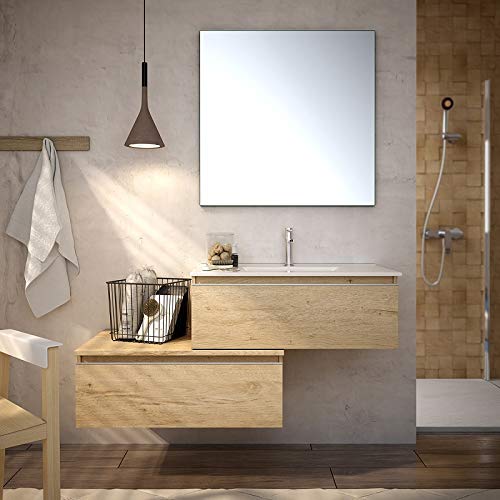 Aquore | Mueble de Baño con Lavabo y Espejo | Mueble Baño Modelo Serby 2 Cajones Suspendido | Muebles de Baño | Diferentes Acabados Color | Varias Medidas (Bamboo, 80 cm)