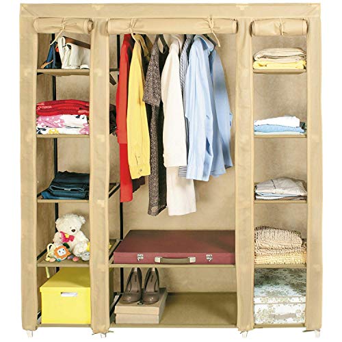 art moon Montreal Armario Grande de Tela Lona Portable Plegable 12 Estantes de Ropa 135X45X175cm Beige