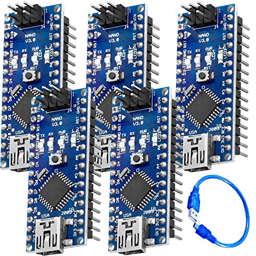 AZDelivery 5 pcs Nano V3.0 con ATmega328 Chip CH340 y 5V 16MHz versión soldada, Micro Controlador Board, versión mejorada con Cable USB, compatible con Nano V3 con E-Book incluido!