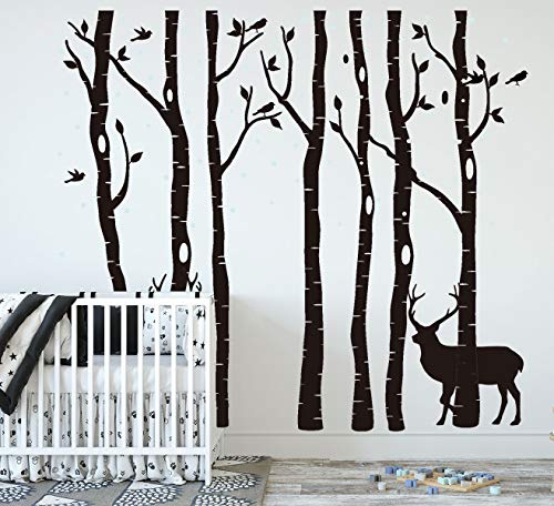 BDECOLL Árbol de 7 piezas con pegatinas de pared de venado/Vinilo Adhesivo de Pared Extraíble Mural Decoración del hogar Póster Antecedentes(Negro)