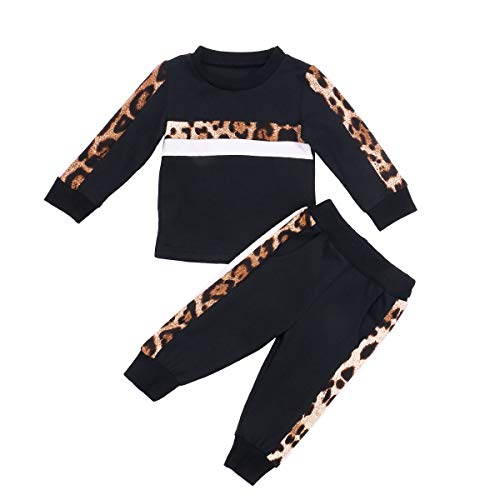 Bebé Chándal 2 Piezas Conjunto de Ropa Deportiva para Niñas Pequeñas Sudadera sin Capucha con Manga Larga Pantalones Largos con Estampado de Leopardo (Negro, 3-4 Años)