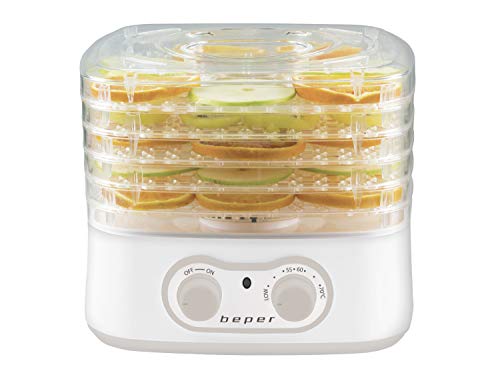 Beper - Secadora de Alimentos para Frutas, Verduras y Hierbas Aromáticas, 5 Bandejas Transparentes, 35°C - 70°C, 250 W, Blanco