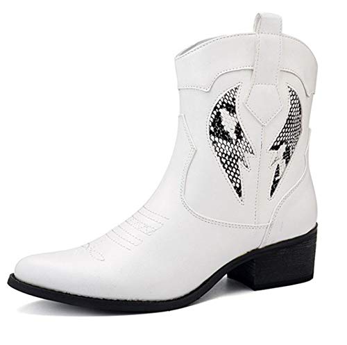 Bewinch - Botas de tobillo para mujer, botas de caballero, estilos privados personalizados, tacón alto, tacón grueso de suela media, zapatos bordados sexy para mujer, casual, blanco, 38