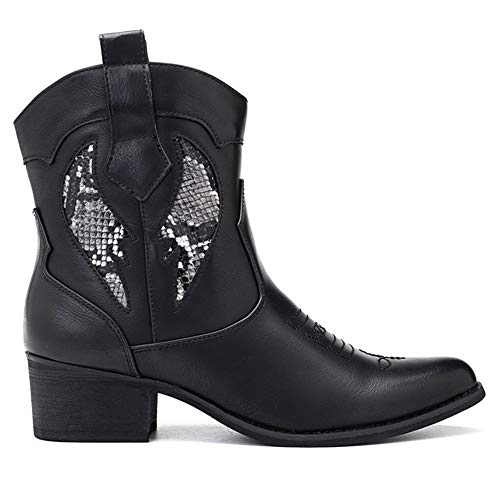 Bewinch - Botas de tobillo para mujer, botas de caballero, estilos privados personalizados, tacón alto, tacón grueso de suela media, zapatos bordados sexy para mujer, casual, negro, 41