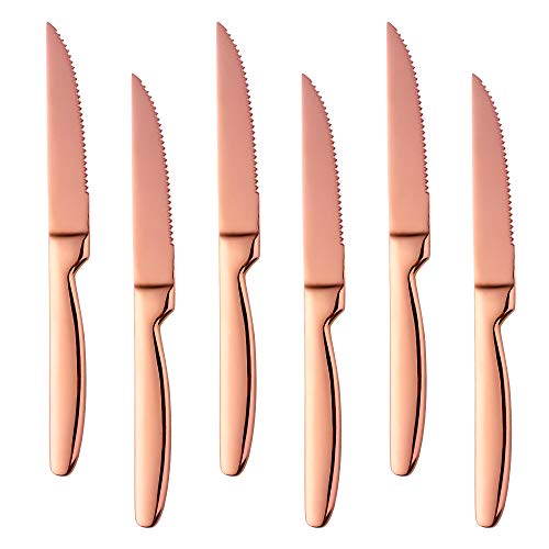 Bisda Juego de 6 Cuchillos de carne oro rosa serrado Steak Knives acero inoxidable sierra Cuchillo para Carne 22cm de largo cuchillos de mesa cuchillos de cocina lavavajillas seguro