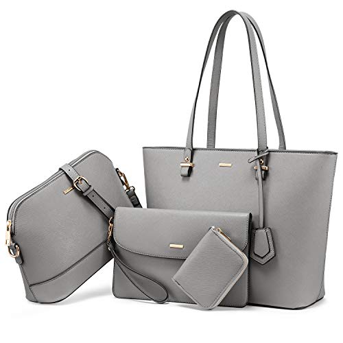 Bolso para mujer Señoras Shopper Hobo Bolso de hombro Monedero para mujer Paquete de tarjeta Bolso grande para mujer Tote para oficina Escuela Compras Viaje Bolso de cuero PU 4 piezas Set Gris