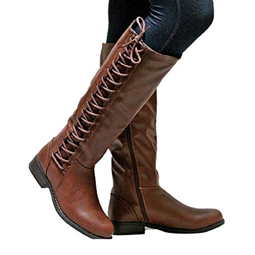 Botas de caballero para damas, botas de becerro sintéticas de punta puntiaguda de moda, forro de piel sintética, cremallera lateral de tacón grueso de invierno y botas Martin con cordones,Marrón,35