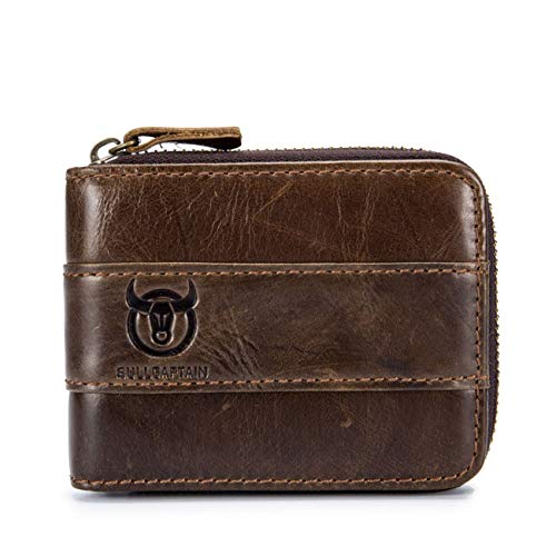 Cartera De Piel Billetera De Cuero, BULLCAPTAIN Billetera para Hombre Monedero Cuero Genuino Cartera de Bolsillo para Llevar Dinero Tarjetas Marrón