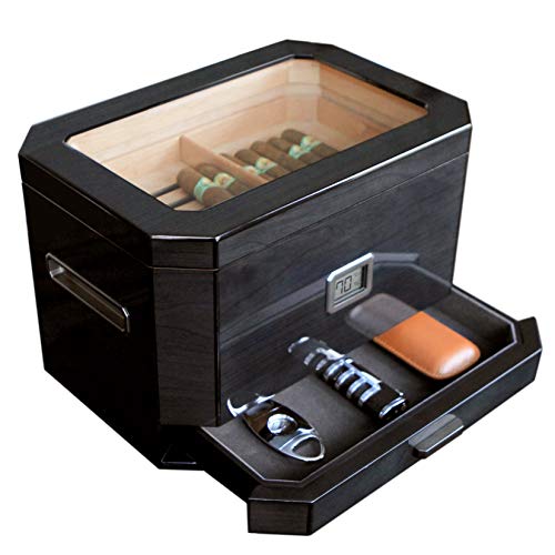 CASE ELEGANCE Octodor - Humidor Grande de Cedro con Acabado de Piano, Color Negro, con Higrómetro Digital, Sistema de Humidificación y Cajón para Zccesorios - Capacidad (50-100 Puros)