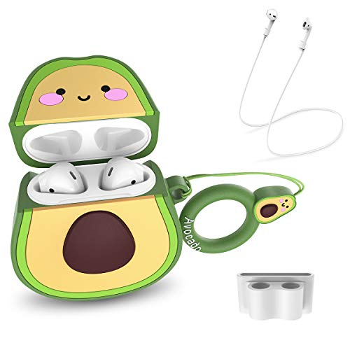 CE-Link Fruta Aguacate Funda para Airpods 1 & 2 Case Cover Silicona Protective Carcasa Cute Lindo Dibujo Animado en 3D con Llavero Blanco Diseño de Soporte de Clip de Correa para Niñas Niños