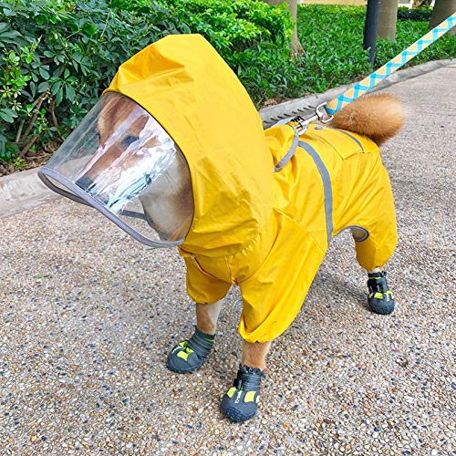 Chuajunn Abrigo impermeable para perros con capucha y reflectores, chubasquero con protección para el vientre para perros pequeños y grandes, color amarillo (XL (9,5-11,5 kg)