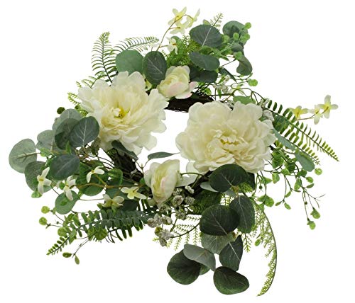 Corona decorativa elegante con flores de color crema y blanco, hojas y helechos en verde, diámetro de 45 cm, corona de mesa, corona de flores