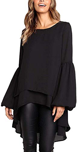 Cúpula De Estilo Señoras Casual Modernas De Elegante Blusa La De Gasa con Cuello En V Manga Farol Camisa Larga Tops De Manga Larga Túnica Larga Y Suelta (Color : F Black-A96296, One Size : S)