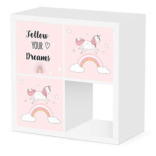 Debe Juego de cajas de Kallax para habitación infantil, diseño de doble cara, 33 x 33 x 38 cm, plegable, caja para juguetes, 3 unidades Kallax Box Set (unicornio sueño)