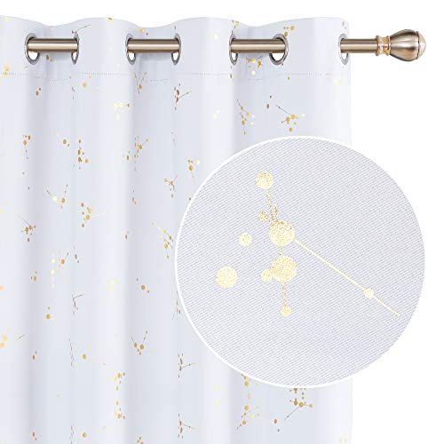 Deconovo Cortinas Opacas con Aislamiento Térmico para Sala de Estar Dorado Motivo con Ojales 2 Piezas 132x214cm Gris Blanco