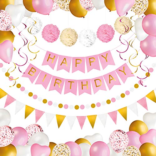 Decoración de Cumpleaños para Niña y Mujer - Paquete de 69: Banner de Feliz Cumpleaños, Pompones de papel, Globos, Banderas, Adornos y Guirnaldas - Decoraciones para Fiestas color Rosa, Blanco y Oro