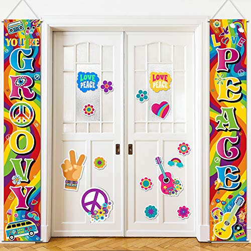Decoración de pared hippie de los años 60, signo de porche Groovy Party Door Sign para fiesta temática de la década de 1980, decoración de cumpleaños de estrella de rock, telón de fondo de fotos