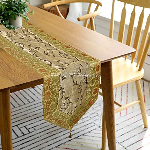 DK Homewares Tradicional Decorativa 72 X 14 Paño Mesa Brocado Embroidered Borla Trabajo Jacquard Frontera Floral Étnico 6 Ft Camino De Mesa (180 X 40 Cm ; Oro Y Gris)