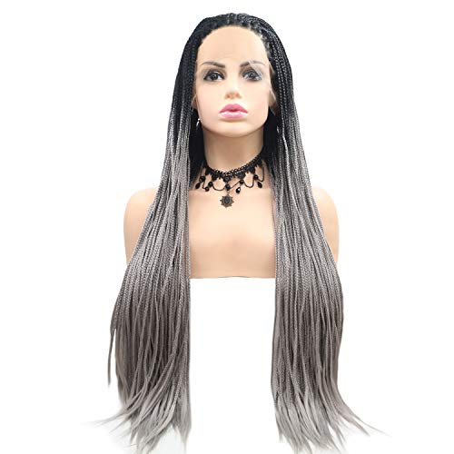 DKEE Pelucas Gradiente Negro-Gris Trenza Larga Peluca De Pelo for Mujer Encaje Hecho A Mano Conjunto De Peluca Europea Y Americana Conjunto De Peluca