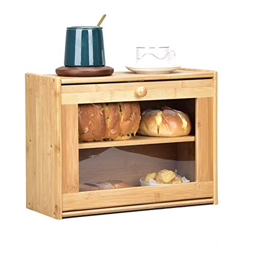 Doble Capa Panera, De Madera De Bambú Encimera De Cubierta Deslizante Naturales Panera De La Ventana Delantera Transparente De Gran Capacidad De Almacenamiento Conveniente para El Hogar Cocina Caja