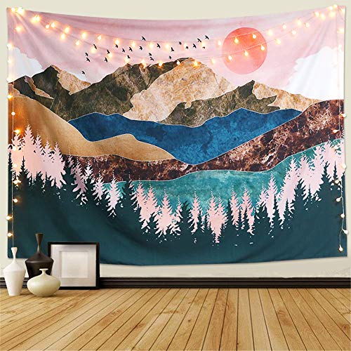 Dremisland Sol Tapiz de Pared Bosque Árbol Tapiz Montaña Colgante de Pared Psicodélico Naturaleza Paisaje Tapiz Decoración del hogar para Dormitorio Sala de Estar (Vistoso, XL / 175 X 230 cm)