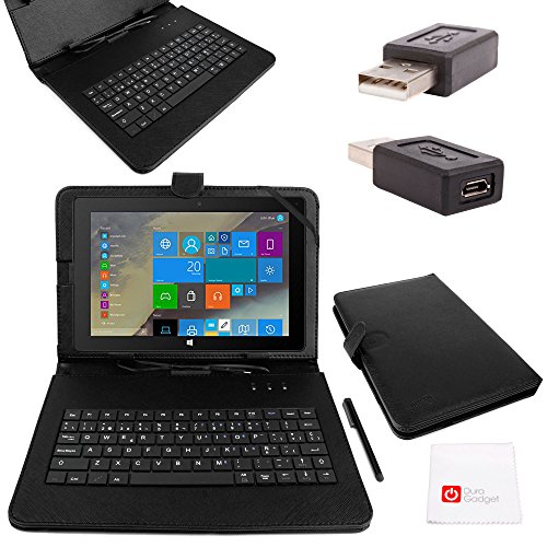 DURAGADGET Funda Teclado Negro ESPAÑOL para BQ Tesla 2 W10 / W8 De 10.1" + Puntero Lápiz Stylus + Adaptador + ¡Fantástica Gamuza De Regalo! - Función Stand/Atril - con Letra Ñ - 2 Años De Garantía