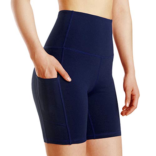 Eastbride Medias Transpirables de Cintura Alta, Pantalones Cortos de Yoga con Bolsillo elástico-Azul Marino_L,Leggings Deportivos de Tiro Alto para Mujer Medias Entrenamiento