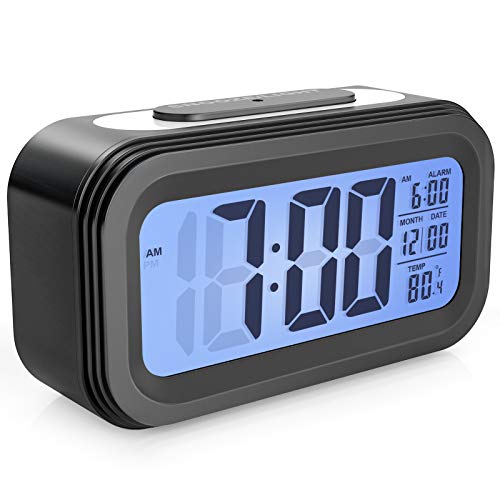 Enllonish Reloj Despertador Digital, Despertador de Pantalla Grande con Luz Nocturna, Hora Fecha Temperatura, Reloj Despertador de Viaje a Batería con Pilas-Negro