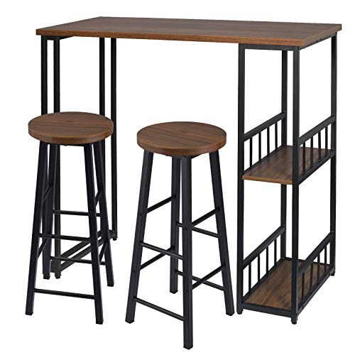 eSituro Juegos de Muebles Altas 1 Comedor Mesa y 2 Taburetes de Bar, Mesa de Bar Mesa de Cafetería Barra Cocina con Estructura de Metal con 2 Estantes 120x50x105cm Haya Oscura SBST0399+SBST0395-2