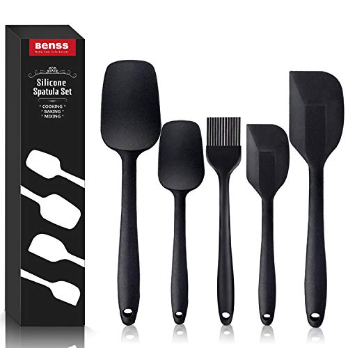 Espátulas de Silicona Utensilios Cocina de Silicona, Resistente al Calor No Tóxico Antiadherente Hornear Cocinar, Juego de Espátulas de Silicona, Espátula y Cuchara (5, Negro)