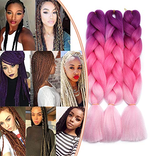 Extensión de coletas Trenza Pelo falso 60cm Cabello trenzado Ombre Fibras falsas 300g / 3 Cerraduras, 60cm Tres tonos # Violeta Fucsia a rosa