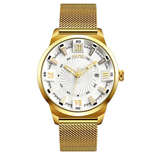 FeiWen Relojes de Hombre Fashion Dorado Acero Inoxidable Bisel con Correa Elegante Casual Cuarzo Analógico Reloj de Pulsera Calendario (Blanco)