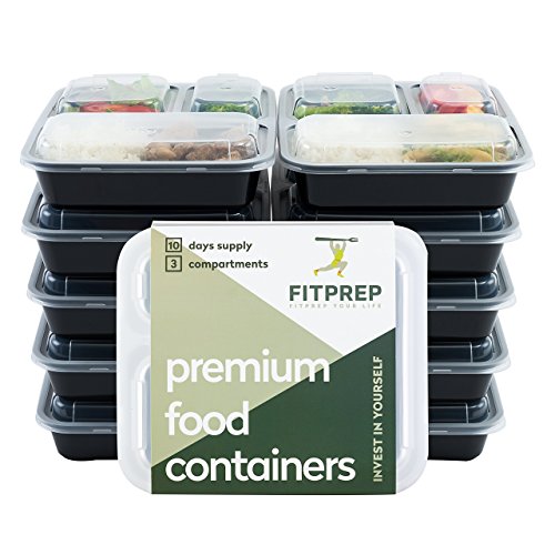 FITPREP® Recipientes originales con 3 compartimentos, 10 unidades, compactos, ahorran espacio y sin embargo 1 litro de capacidad, incluye cuaderno de recetas, certificado libre de BPA