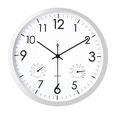 Foxtop Moderno Silencioso Reloj de Pared sin Tic TAC con Termómetro e Higrómetro, Mide Temperatura y Humedad, 30 cm Diámetro, funciona con Pilas, Color Plata