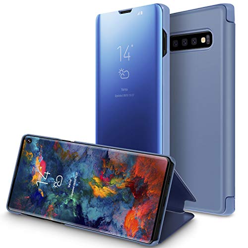 Funda Galaxy S10, S-View Espejo de maquillaje de ventana semitransparente Galvanoplastia Soporte de pie Característica Cuerpo delgado delgado con tapa protectora con tapa para Galaxy S10 6.1",Azul