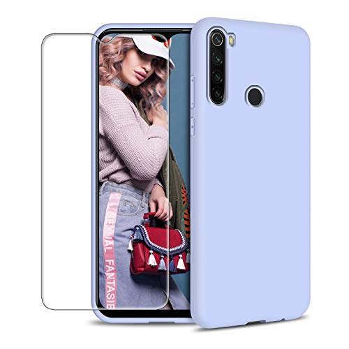 Funda para Xiaomi Redmi Note 8 + Protector de Pantalla de Vidrio Templado, Carcasa Ultra Fino Suave Flexible Silicona Colores del Caramelo Protectora Caso Anti-rasguños Case - Morado Claro