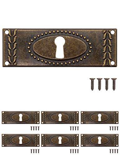 FUXXER® - 6 placas de llave antiguas, rosetas de cerradura, herrajes para cerradura, agujero para llave, latón vintage, bronce, estilo modernista, diseño Art Deco, 6 unidades, 24 x 73 mm.