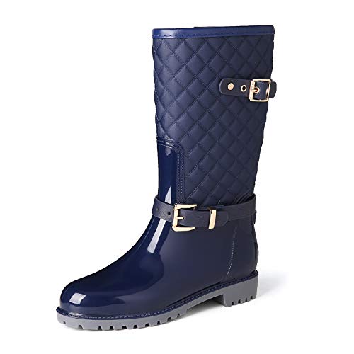 gracosy Botas de Lluvia Mujer Alta Goma Agua Botas al Aire Libre Moda Impermeable Lingge Zapatos de Jardín Wellington Boots Antideslizante Negro Azul