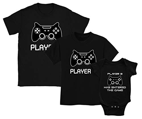 Green Turtle T-Shirts Ropa para Familia Igual, Camisetas Padres e Hijos, Regalo para Padres - Player 1, Player 2, Player 3 - Negro X-Large/Player 2 Negro 7/8 Años 128cm / Player 3 Negro 9-12 Mes