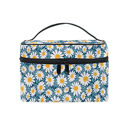 HaJie - Bolsa de maquillaje de gran capacidad, organizador de flores con margaritas, estampado floral, portátil, neceser de almacenamiento, bolsa de lavado para mujeres y niñas