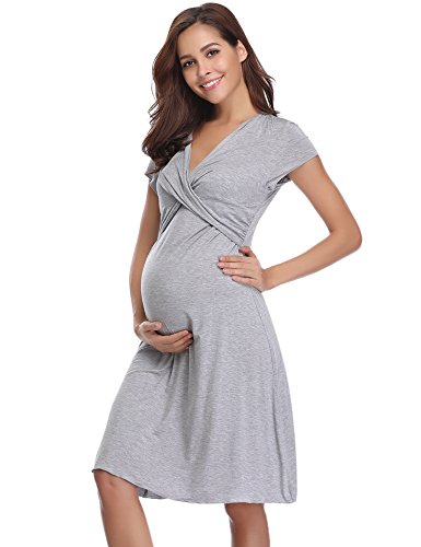 Hawiton Camisón Lactancia Pijama Embarazada Algodón Ropa para Dormir Premamá Manga Corta Hospital Verano (Medium, Gris)