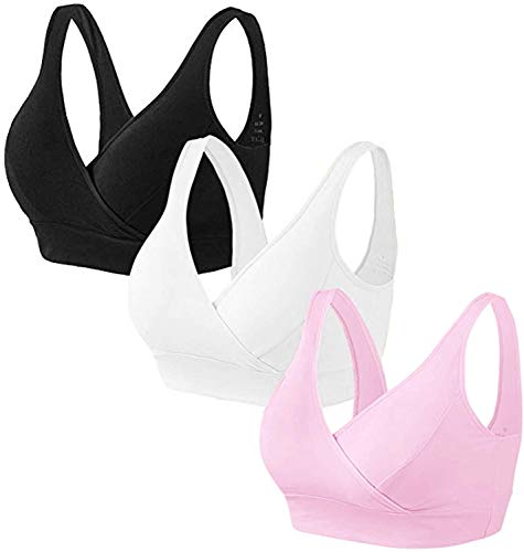 HBselect 3 Piezas Sujetador Embarazo Algodón Sin Aros Sujetador De Lactancia Sujetadores para Premamá para Mejorar Dormir (3 Color Negro Blanco Rosa, XXXL)