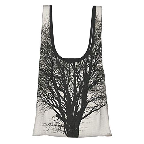 Hdaw Bolsa de la compra ecológica con imagen de un árbol grande en un campo, ramas, temporada de otoño, paisajes monocromáticos, color beige y negro, reutilizables.