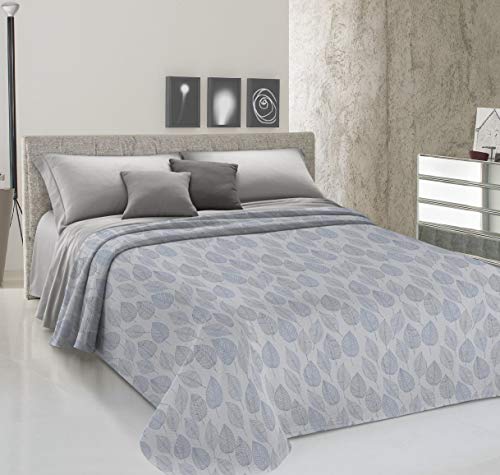 Homelife - Colcha individual de verano de piqué (170 x 280 cm), fabricada en Italia | Colcha para cama individual de algodón jacquard con estampado de hojas, sábana bajera ligera | 1 plaza, color azul