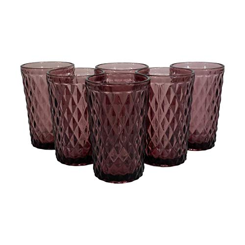 Homevibes Juego de 6 Vasos De Agua con Relieve, Set de 6 Vasos, Capacidad 350ml, Diseño Retro, Medidas 8x12.5, Cristaleria De Calidad (Purpura)