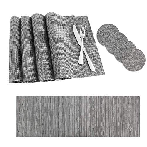 Hossom Manteles Individuales, 4 Lavables Salvamanteles Individuales + 1 Table Runner + 4 Posavasos, PVC Antideslizantes Mantel Conjunto para Hoteles Restaurante Catering (Gris)