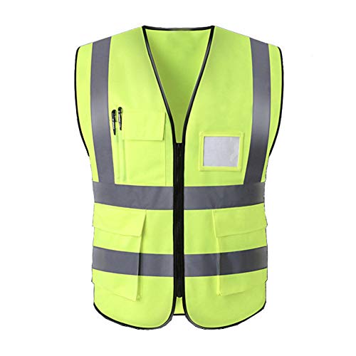 Hycoprot Chaleco de seguridad Reflectante Hi Vis Viz Alta visibilidad Ropa de trabajo Gerente ejecutivo Chaqueta de chaleco Cremallera Brace Seguridad Teléfono móvil Titular (Large, Amarillo)