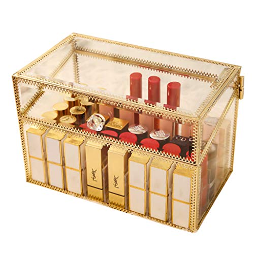 Impresionante Vanity Holder barra de labios Cristal sin polvo Brillo labial transparente Perfilador de ojos Vanity Cabinet Maquillaje Organizador con divisores extraíbles 40 espacios (Oro)